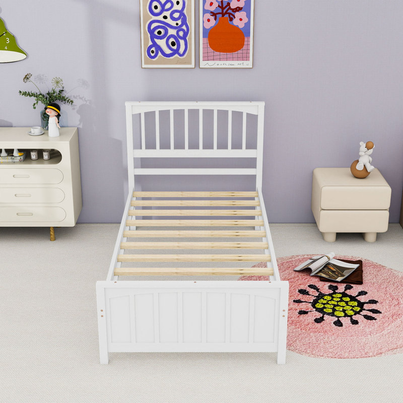 Lit plateforme simple en bois avec tête de lit et lattes, Blanc