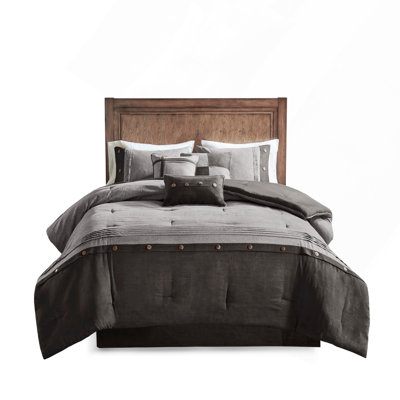 7 Piece Faux Suede Comforter Set In Grey, Cal King Size, Lodge Style With Textured Earthy Print And Decorative Pillows