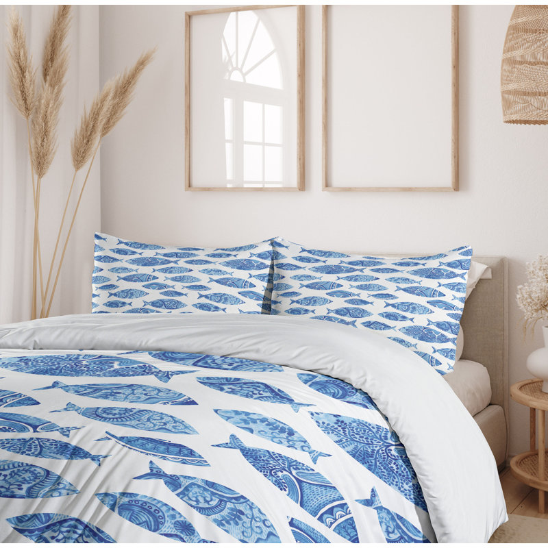 King Size Blue Ocean Fish Pattern Microfiber Duvet Set