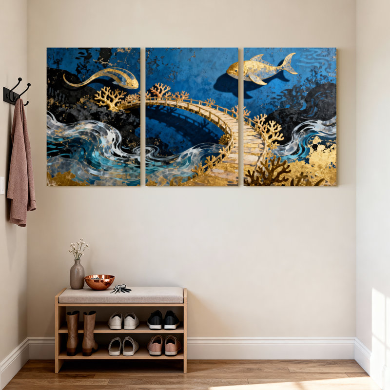 «Golden Fish Bridge», ensemble de 3 impressions sur toile, H 18 po x l 36 po