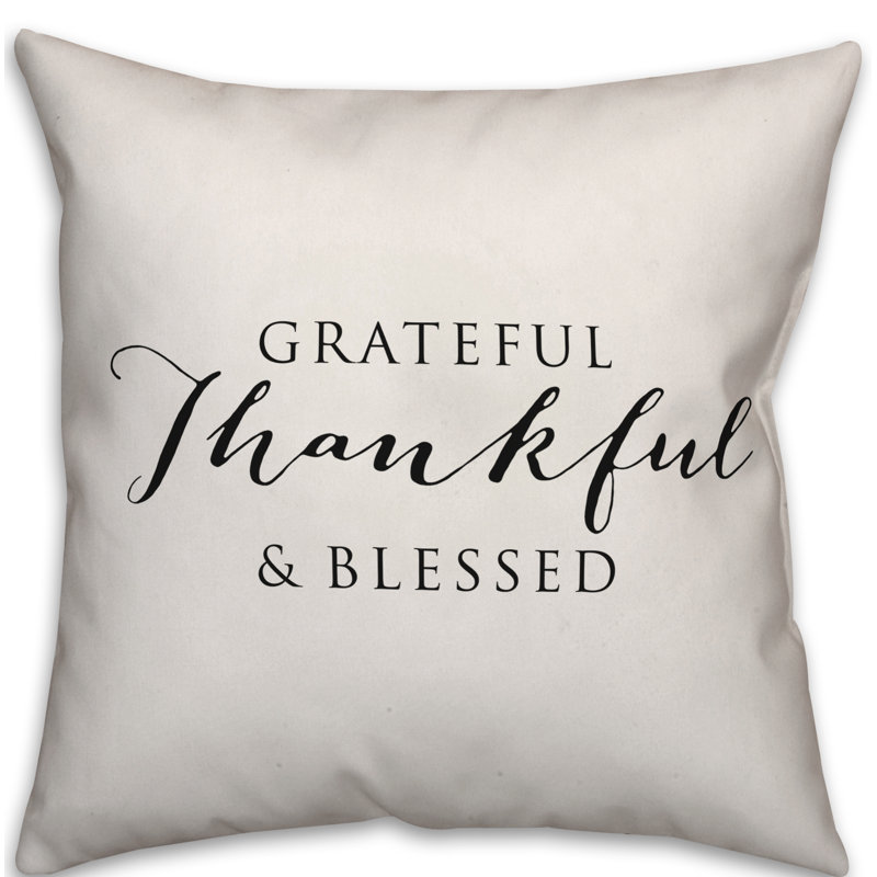  Thankful Grateful Blessed Outdoor Square Pillow Cover & Insert, Off White/Black, 20" H x 20" W