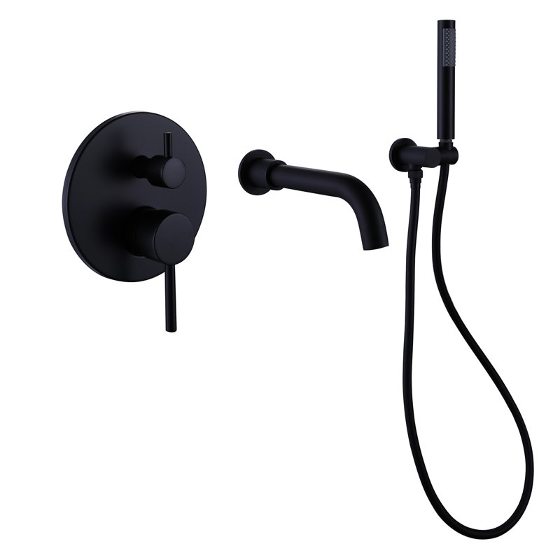 Robinet mural noir mat pour douche et baignoire avec 2 poignées - laiton, valve équilibrée, résistance à la rouille, douchette à main 59 ", GPM, nickel, vis de fixation incluses