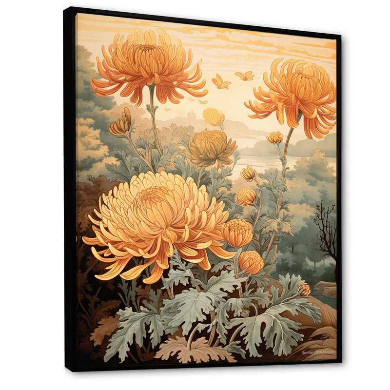 «Blooming White Orange Chrysanthemum Retro Art I», reproduction, H 32 po x l 24 po x P 1 po, Cadre flottant noir