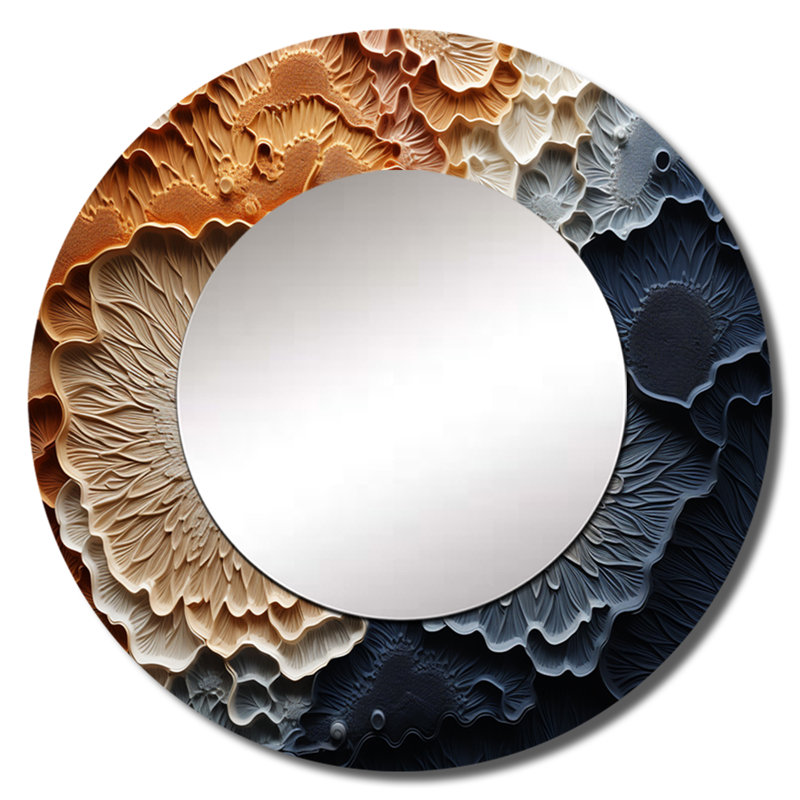 Géode de pierre minimaliste beige et bleu - géode de pierre grand miroir, miroir rond orange unique, art imprimé en métal