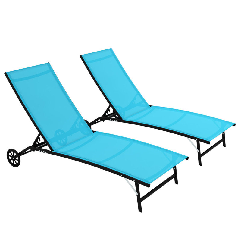 Outsunny Outdoor Chaise Lounge, 2 Piece Lounge Chair With Wheels, Tanning Chair With 5 Adjustable Positions For Patio, Beach, Yard, Pool, Blue