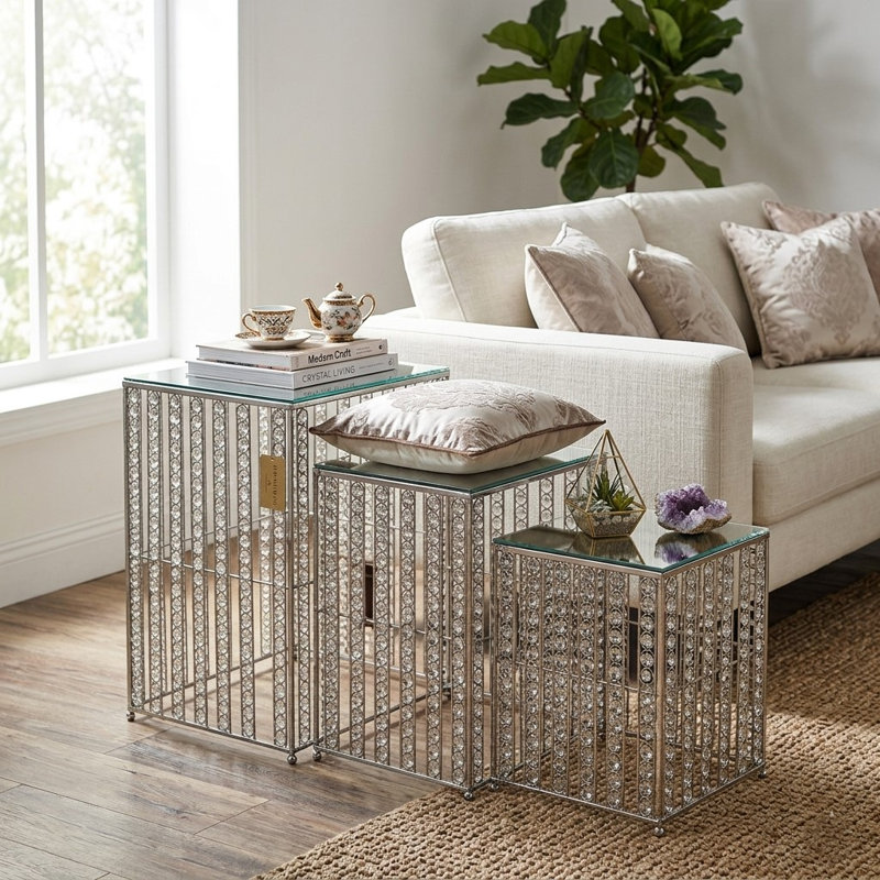 Table carrée 3PC avec plateau en verre, Argent
