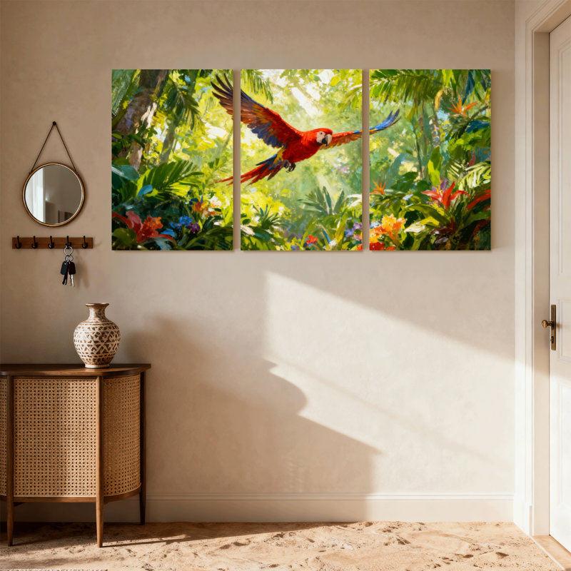 Oiseaux tropicaux perroquets volant au milieu d'une verdure luxuriante, ensemble de 3 impressions sur toile