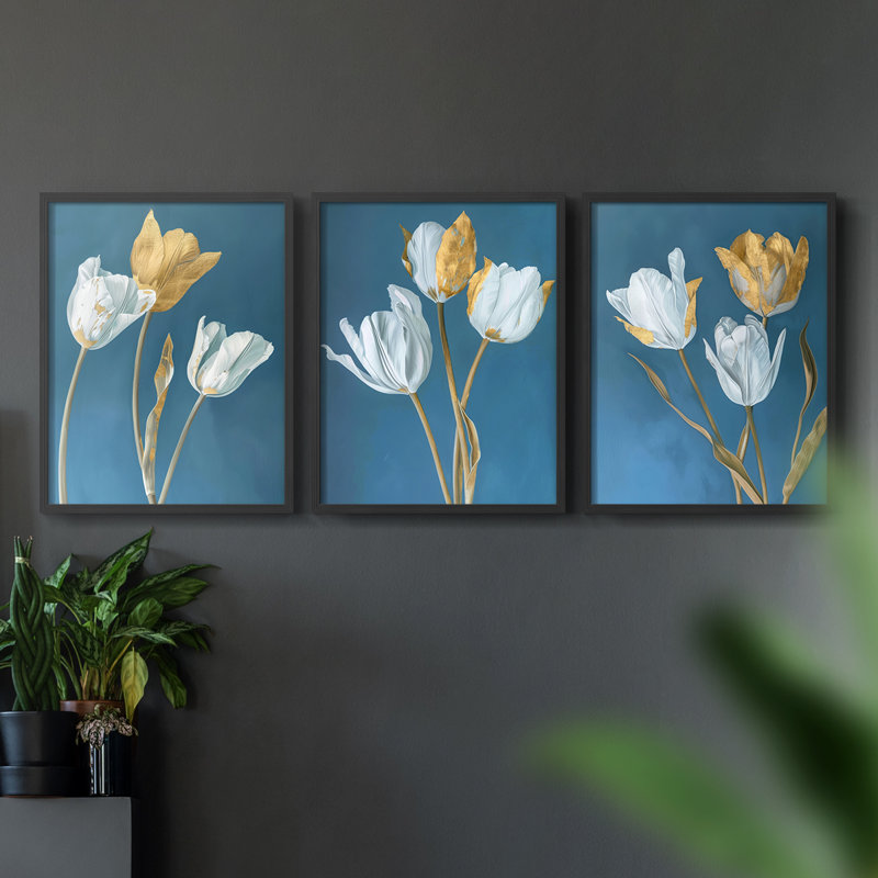 Étude florale XLIV - ensemble de 3 estampes numériques - prêt à accrocher, Noir, noir, noir, noir, H 14 po x l 33 po