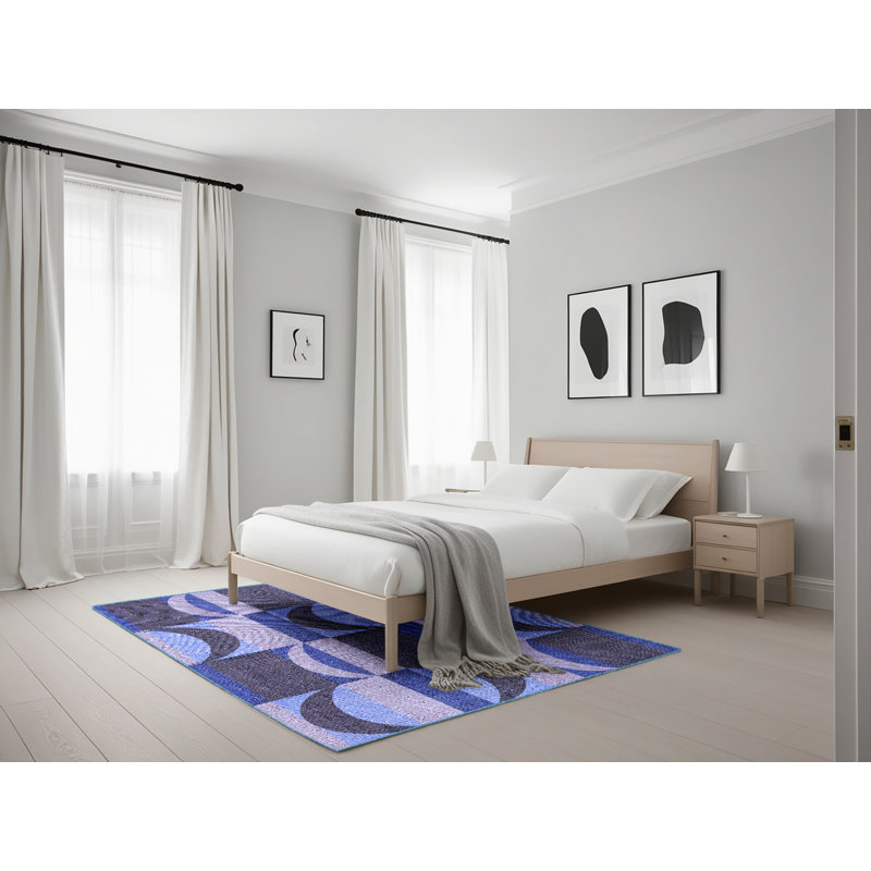 Tapis bleu Jonathan en laine à motif géométrique, Rectangle 5 pi x 7 pi