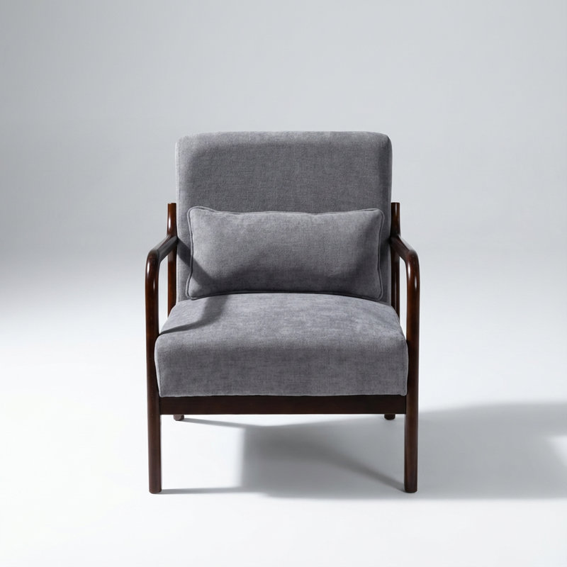Fauteuil moderne avec structure en bois massif et coussin lombaire amovible, Beige, Naturel
