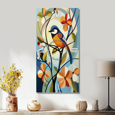 Horloge murale en métal à motif floral, grande taille, avec oiseaux et fleurs printanières, style chinoiserie bleue et verte