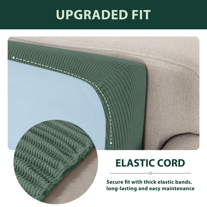Stretch Textured Grid Box Cushion Sofa Slipcover, Dark Cyan