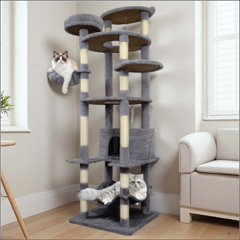 Tour pour arbre à chat avec base large, grand condo, poteau à griffes 12 sisal, grand hamac, grande plateforme supérieure, nombreux perchoirs et jouet interactif