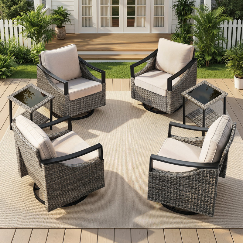 All-Weather Outdoor Modern Iron Armrests Multiple Chairs Set With Side Table, Beige