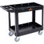 Chariot de service utilitaire, 2 tablettes, 250 kg, en plastique robuste, avec roues pivotantes à 360°, étagère à rebord moyen et poignée de rangement ergonomique. Parfait pour l'entrepôt, le garage, le nettoyage et le bureau.