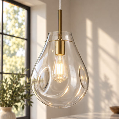 1-Light Gold Clear Glass Pendant Light for Kitchen Island Dining Room