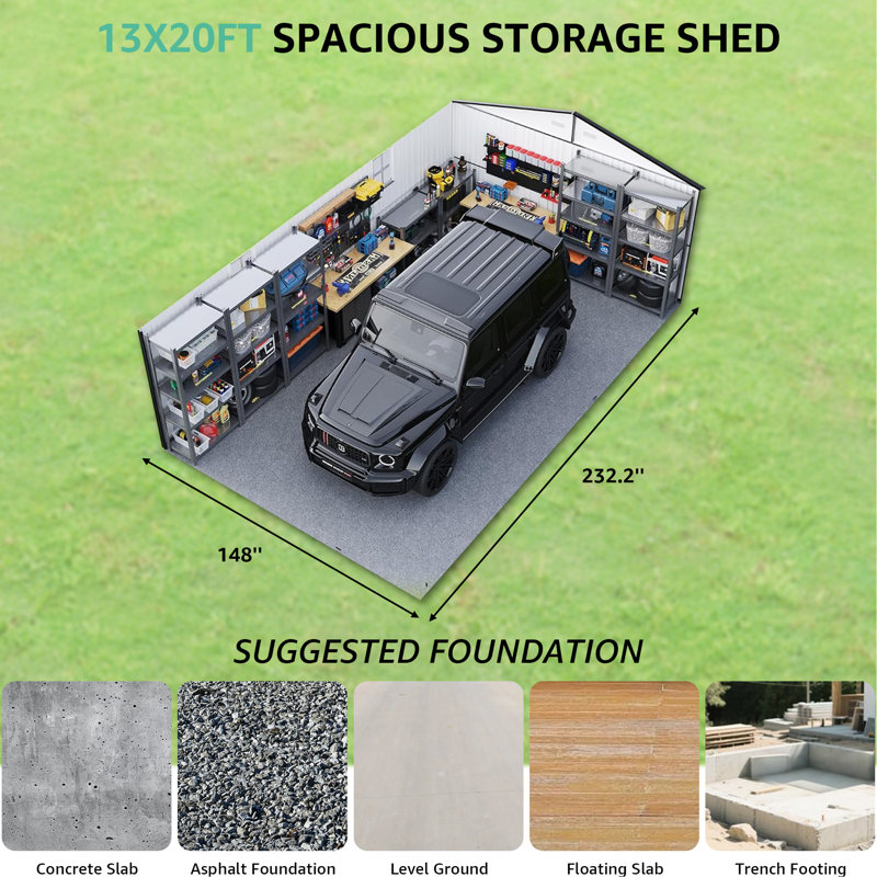 Grande remise de garage en métal 13 x 20 pi avec deux fenêtres et panneaux translucides, idéale pour les voitures, les camions et l'équipement de jardin. Pi. Surface au sol, ventilation améliorée, portes doubles verrouillables,