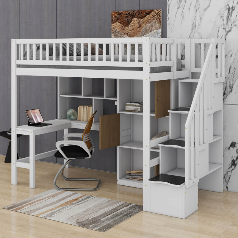 Lit mezzanine en bois avec bureau, DEL, tablettes de rangement, armoires et escalier, Blanc