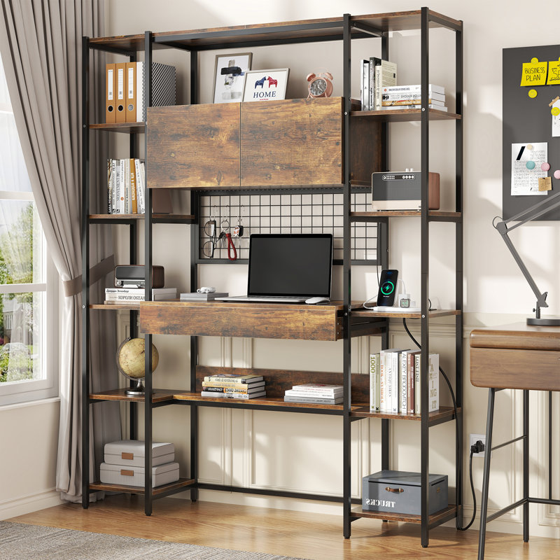 5 Tiers Large Bookshelf, 71.1" Tall Book Shelf With With Home Office Desk And Rgb Lights And Power Outlet, Large Ubly With Drawer & Storage Cabinet & 12 Storage Shelves, For Home Office Use,