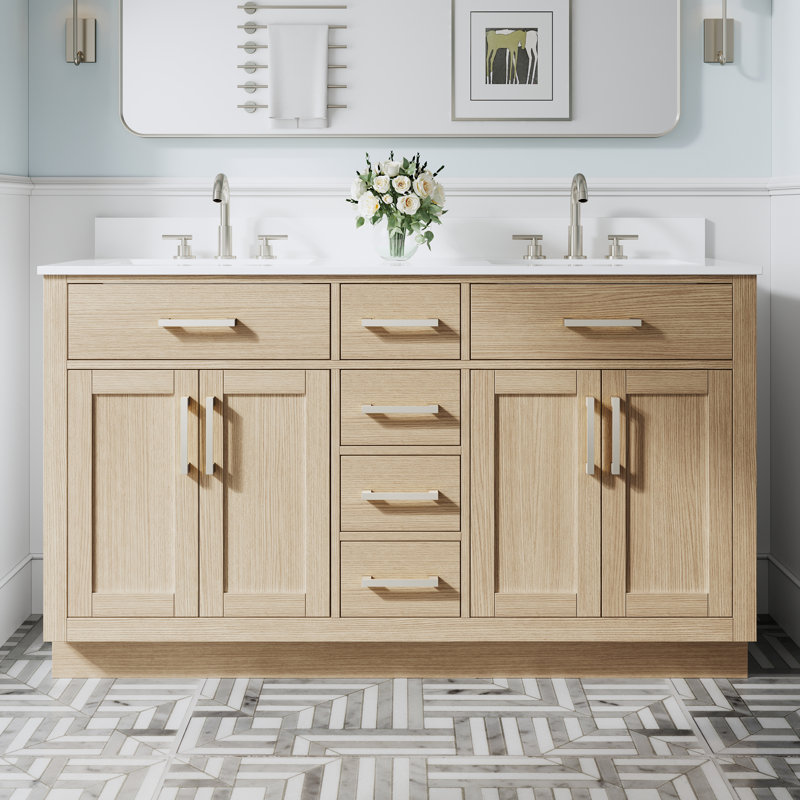 Meuble-lavabo autoportant en bois massif l 60 po x H 35 po avec comptoir en marbre de culture blanc et double lavabo en céramique, chêne