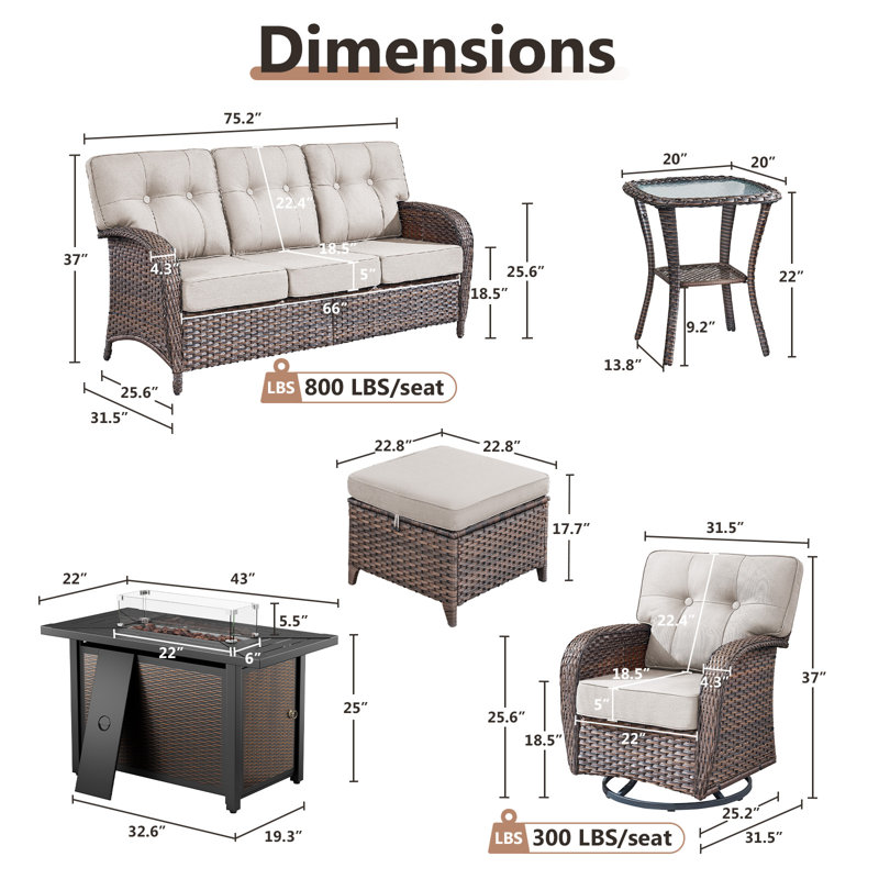 Ensemble de conversation d'extérieur en osier avec coussins en T 7 pièces Agnes, Beige