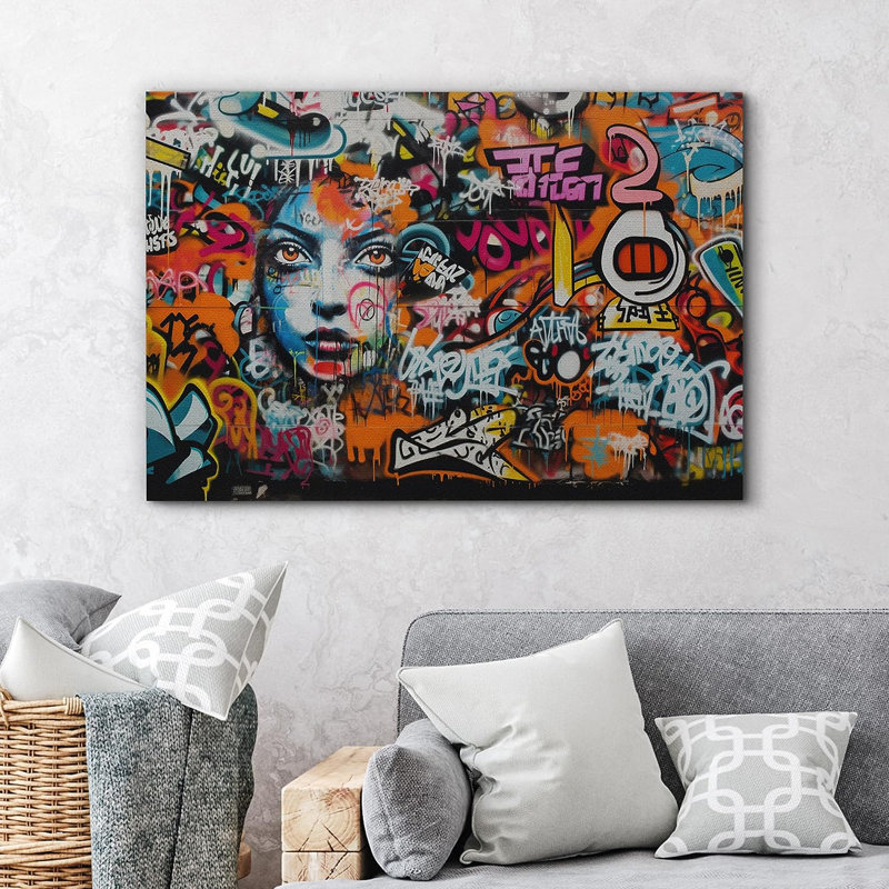 Dessin de visage d'anime sur toile, Toile tendue, H 12 po x l 18 po x P 1,5 po