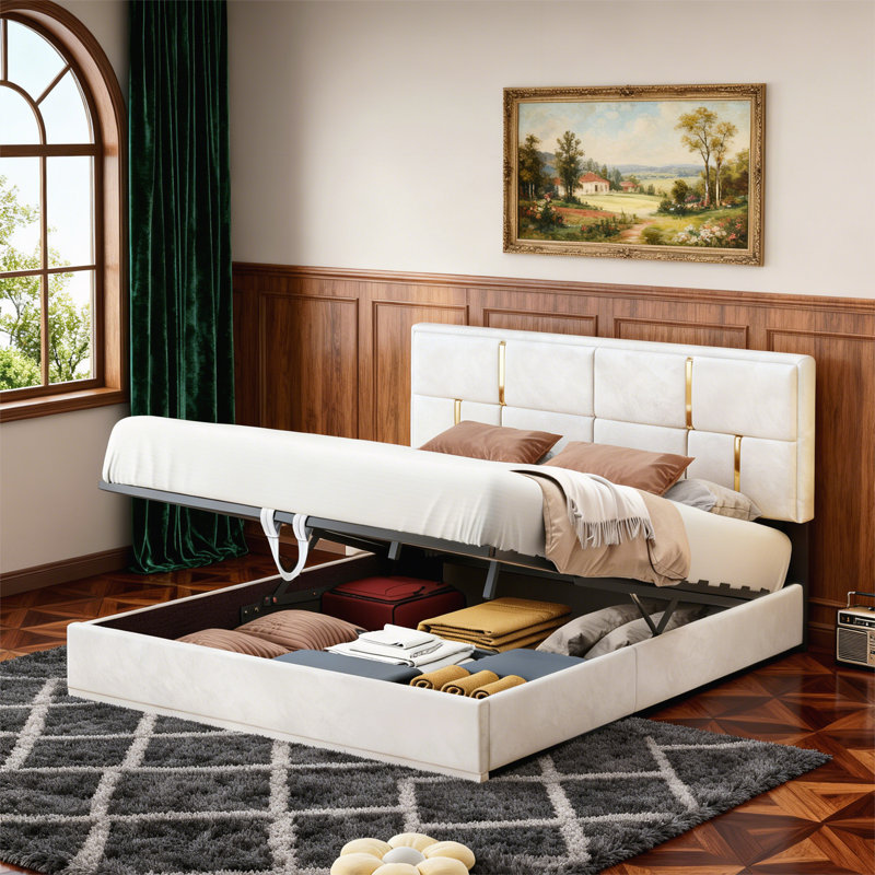 Grand lit plateforme tapissier, Beige