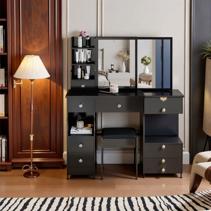 29 Inch Compact Vanity Desk with Sliding Mirror, Space-Saving Dressing Table and Stool Set, Black