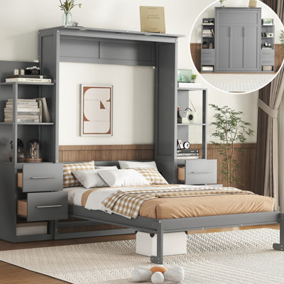 Murphy Bed with Bookcase, Drawers and LED Lights,Platform Bed,Storage Bed 