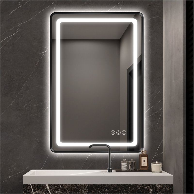 Miroir de salle de bain à DEL avant et rétroéclairé, Noir, 36 po x 24 po