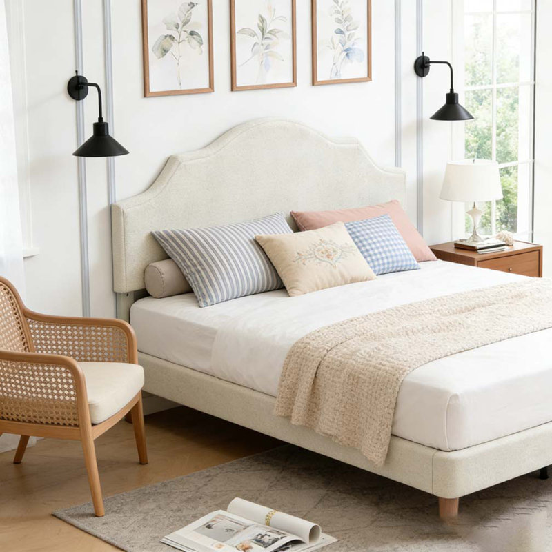 Lit plateforme tapissier avec tête de lit réglable, rembourrage en tissu de lin, Beige, Très grand