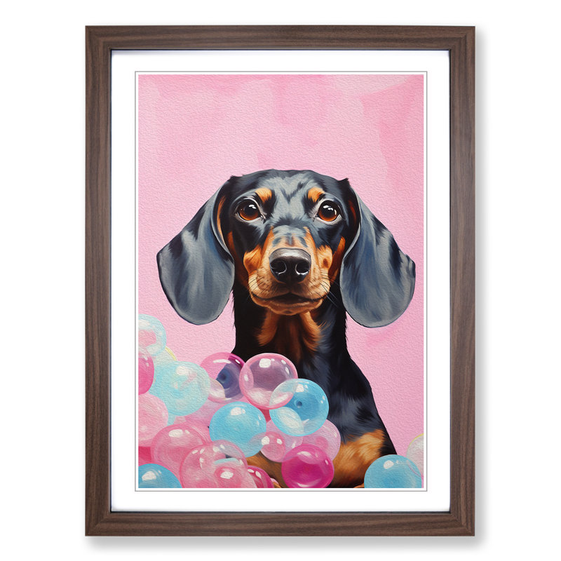 Dachshund Bubble Gum No.3 - Single Picture Frame Print on Wood, Walnut, 64cm H x 46cm W x 2cm D