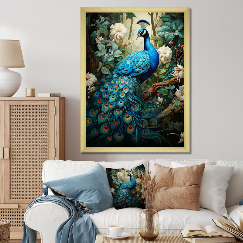 Zellie Teal Peacock - monochrome, art mural paon, H 32 po x l 24 po, Reproduction avec cadre flottant, Maple