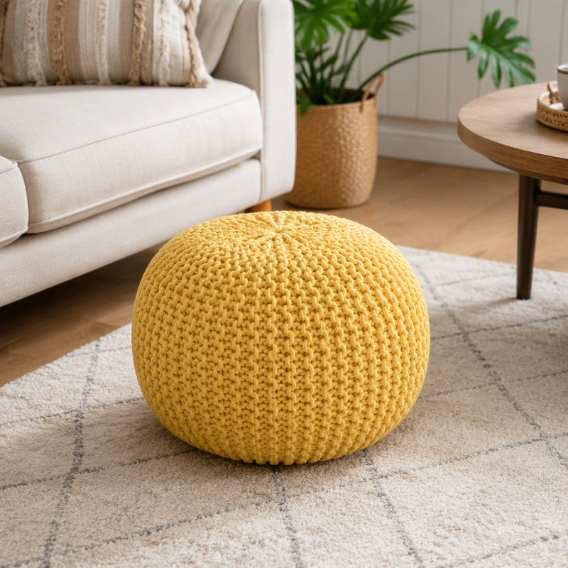 Pouf rond en coton Bordeaux, Jaune