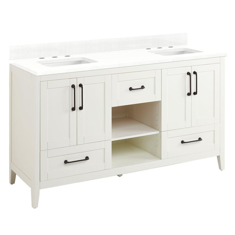 Burfield 61" Double Bathroom Vanity Set with Rectangular Undermount Sink, Feathered White Quartz, Natural Bamboo