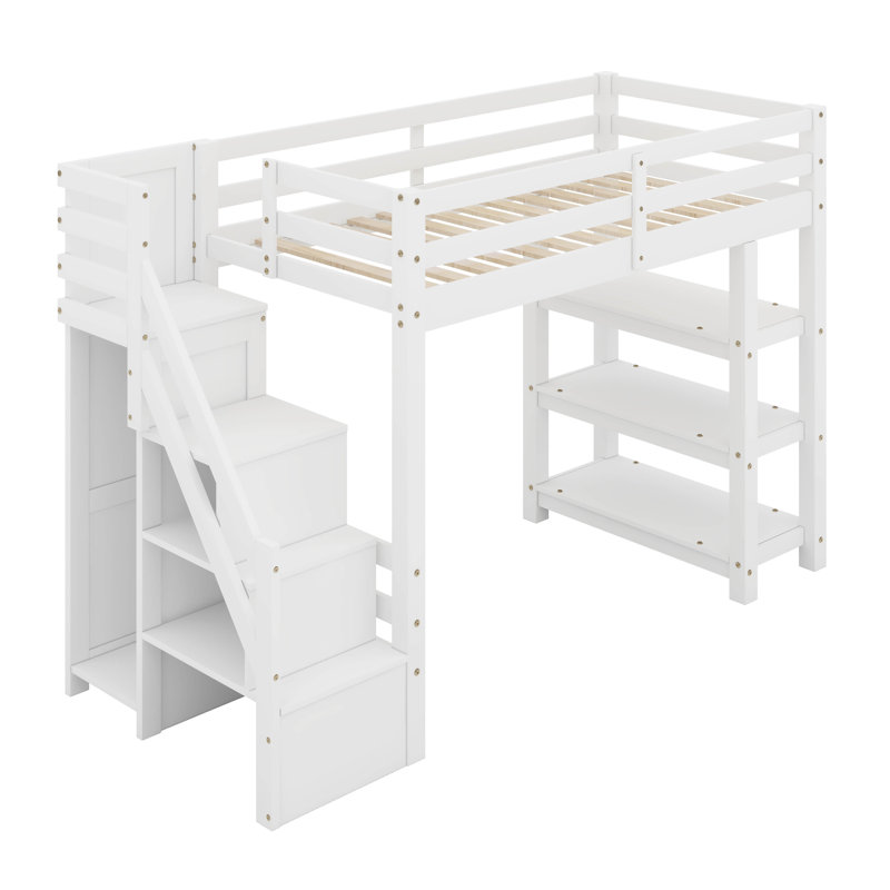 Lit mezzanine avec escalier de rangement, tablettes à 3 niveaux et garde-robe, éclairage DEL, Lit simple