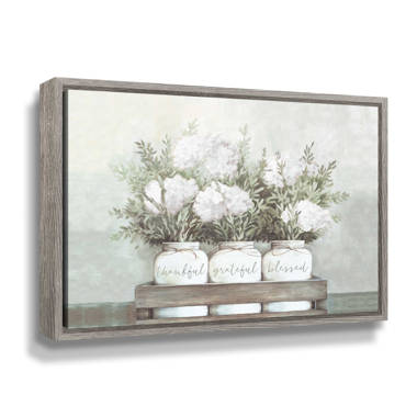 White Flower Jars by Portfolio Dogwood - Graphic Art Print On Canvas Print Laurel Foundry Modern Farmhouse Format: White Oak Framed, Size: 18'' H x 2