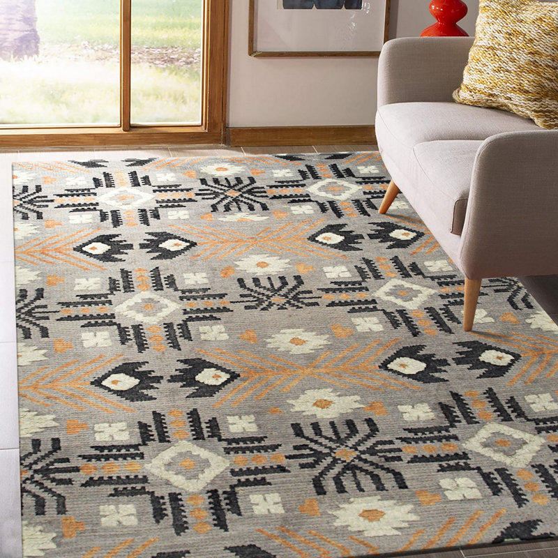 Tapis contemporain gris à motif de médaillon floral en laine nouée à la main gris