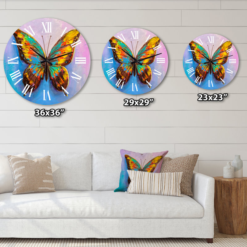 Magnifique papillon en turquoise et orange - Horloge murale moderne, Grand