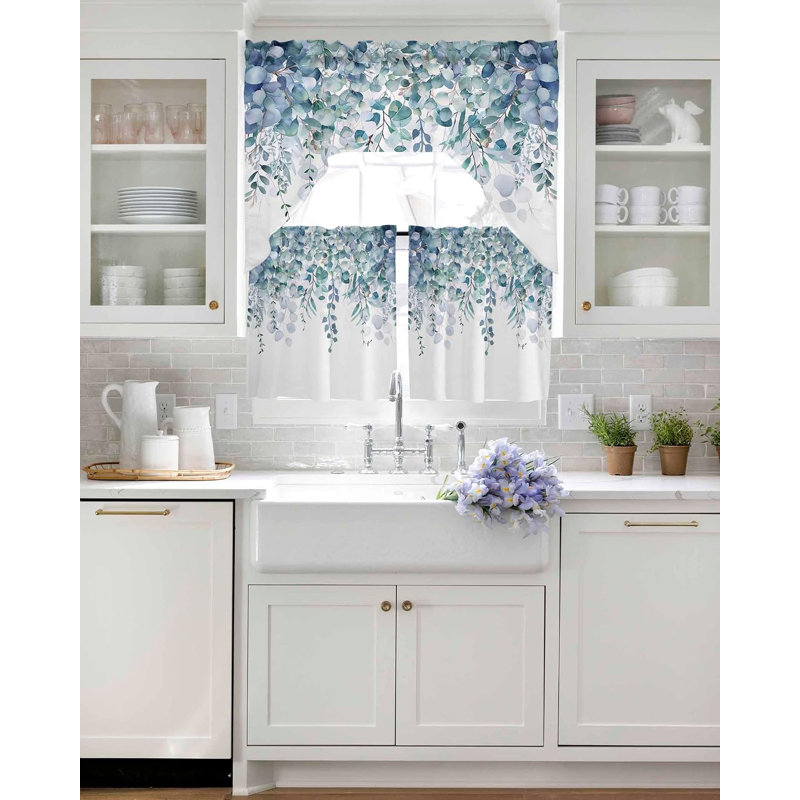 Ensemble de cantonnières et cantonnières à ressorts à motif de feuilles d'eucalyptus printanier bleu