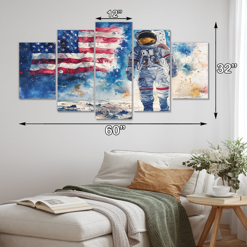 Drapeau des États-Unis sur l'atterrissage de la lune IV - art mural espace - ensemble d'art mural astronomie 5 pièces