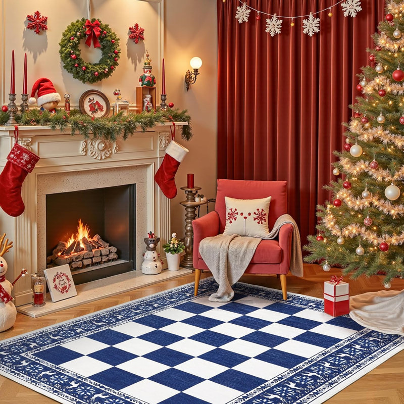 Runner Rug, Checkered Christmas Rugs for Holiday Decor, Non Slip Low Pile Washable Rug for Kitchen, Entryway, Living Room, Bedroom, 