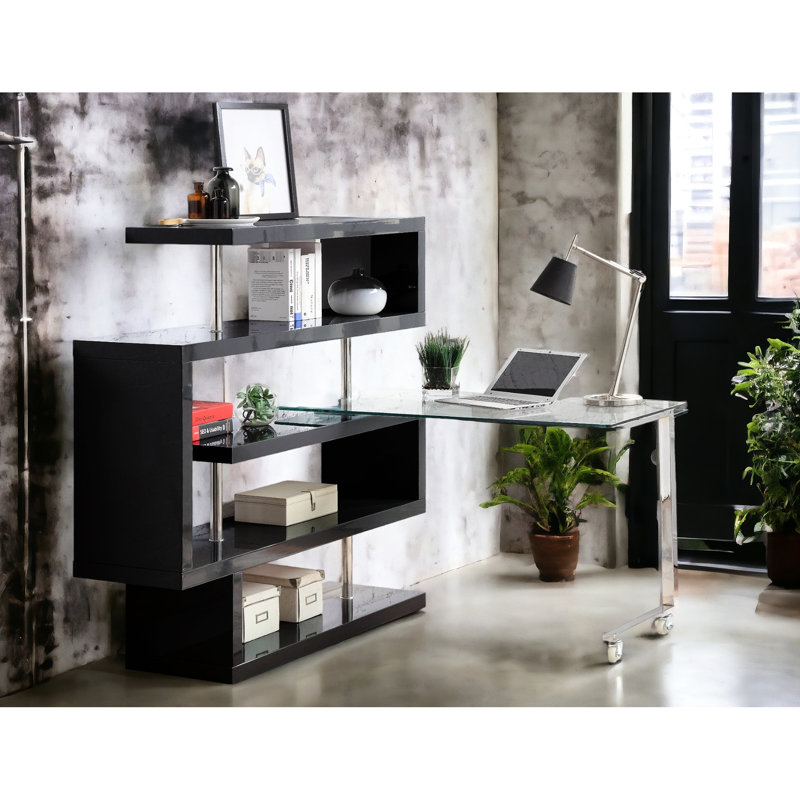 Bureau contemporain pivotant à 360°, élégant, en verre trempé et bois composite.