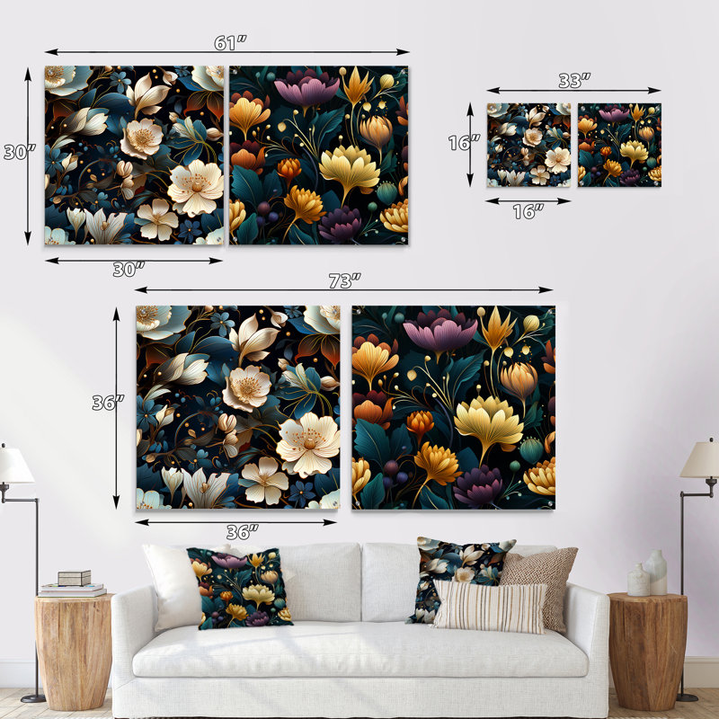 Jewel Tones Flowers Blooms - Ensemble de 2 peintures murales en acrylique, H 36 po x l 73 po