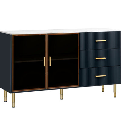 Élégant buffet bleu marine avec plateau en marbre et portes en verre ambré, pieds en métal doré pour un rangement polyvalent et une organisation optimisée