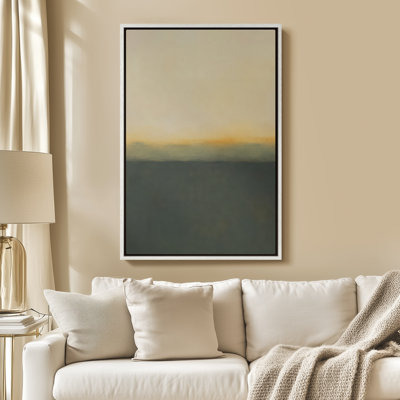 Framed Canvas Wall Art - Serene Coastal Horizon in Soft Blue and Golden Light - 16"x24", 24"x36"