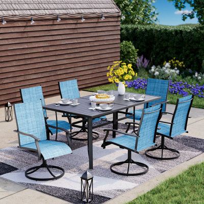 7 Piece Patio Dining Set, Outdoor Dining Table And Chairs Set For 6, 6 Swivel Chairs, 1 Iron Rectangular Table With Adjustable Umbrella Hole (1.57"-1.97"), Patio Furniture Set For Deck, Backyard, Lawn, Poolside, Brown/Gray/Blue