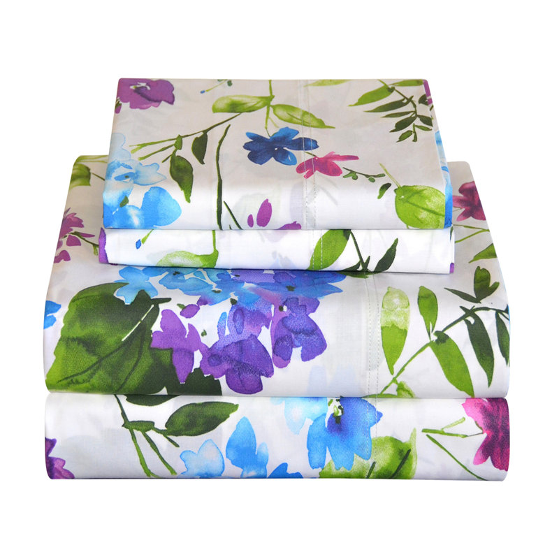 Pointehaven 200TC Percale 100% Cotton Deep Pocket Sheet Set, Green/Purple/Blue/Floral, King Sheet Set
