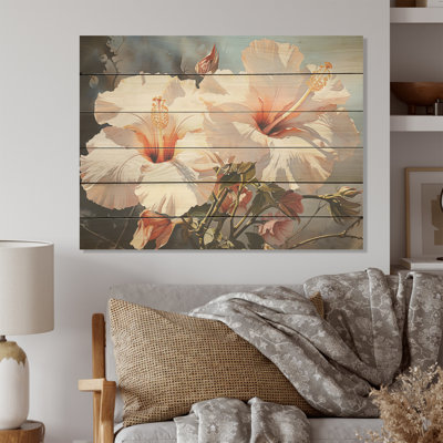 Beige Soft Neutral Tones Portray Hibiscus Flowers - Hibiscus Wood Wall Art On Natural Pine Wood