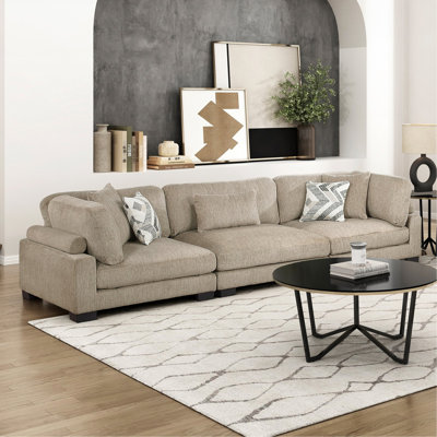 Contemporary Brown 3-Seater Sofa Comfortable Pillow Plush Microfiber Upholstery  Wood Modular Design Living Room Furniture 1pc